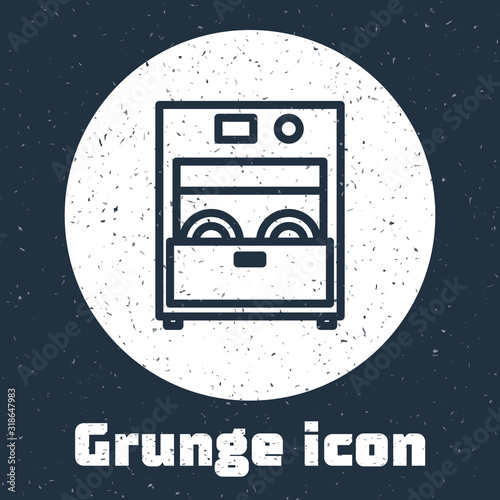 Grunge line Kitchen dishwasher machine icon isolated on grey background. Monochrome vintage drawing. Vector Illustration