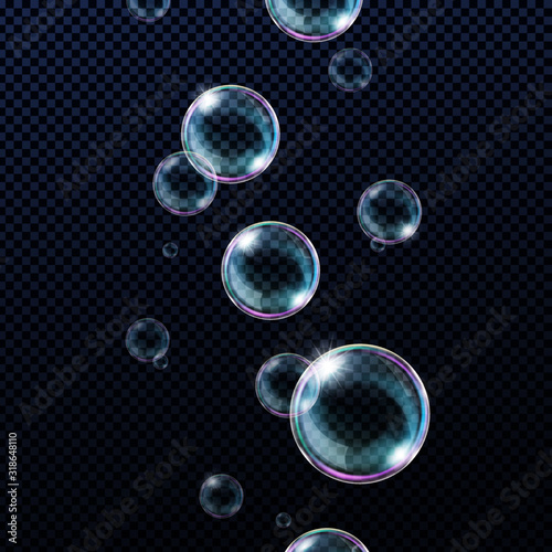 Realistic soap bubbles isolated on transparent background. Vector illustration.