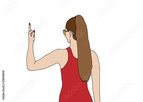 Girl power feminism concept. Young beautiful woman with long hair shows middle finger. Hand dranw vector illustration. photo