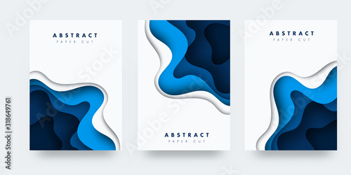 Vertical A4 blue banners with 3D abstract background with blue paper cut waves. Contrast colors. Vector design layout for presentations, flyers, posters