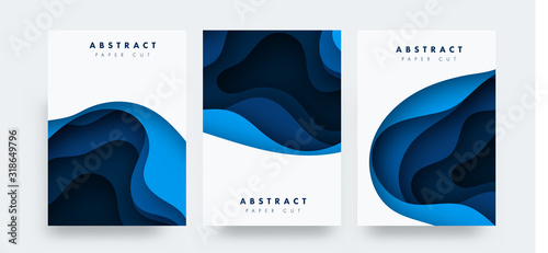 Paper cut design blue concept for flyers, presentations and posters. Vector abstract carving art. White and blue 3D layered vertical banners. Vector illustartion