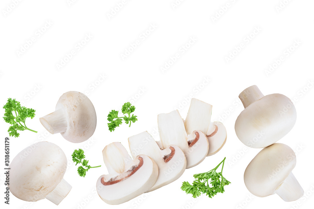 Fototapeta premium Fresh mushrooms and slices isolated on white background with copy space for your text. Top view. Flat lay.