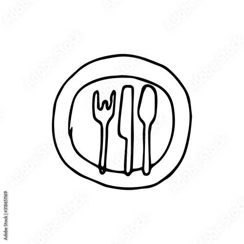 Hand-drawn simple sketch of a plate on which lies a fork, tablespoon and knife. Vector drawing on the theme of food, table setting. Black outline isolated on white.