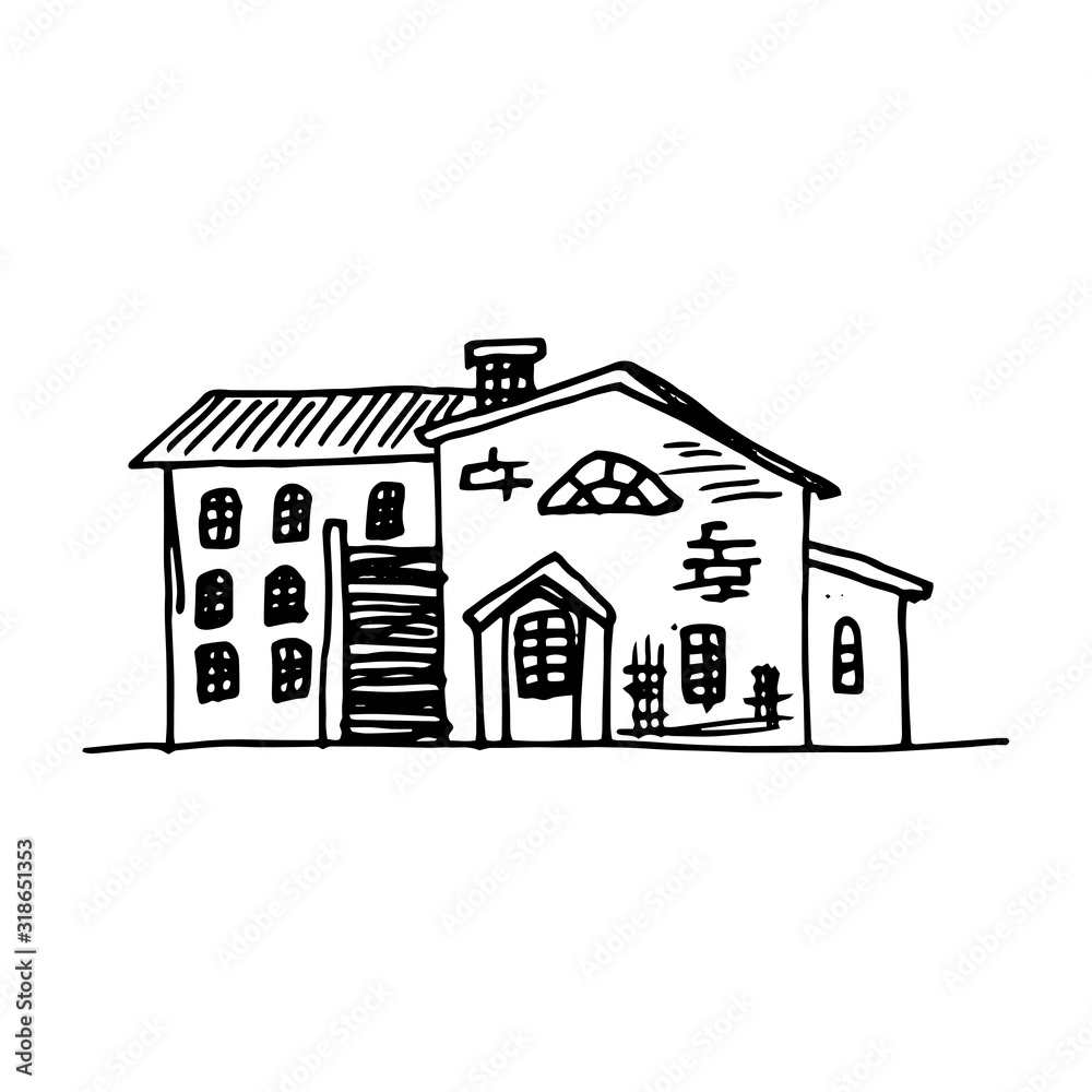 Hand-drawn vintage two-story rural brick house with household buildings. Vector traced image of a house using the sketch technique. Black outline isolated on white.