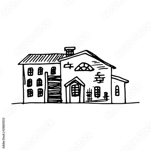 Hand-drawn vintage two-story rural brick house with household buildings. Vector traced image of a house using the sketch technique. Black outline isolated on white.