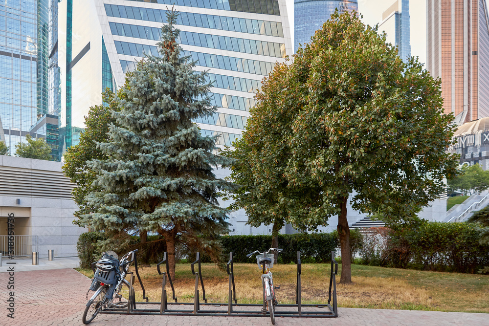 Moscow, Russia - September 12, 2019: Parking for bicycles. International Business Center Moscow City. Urban landscaping.