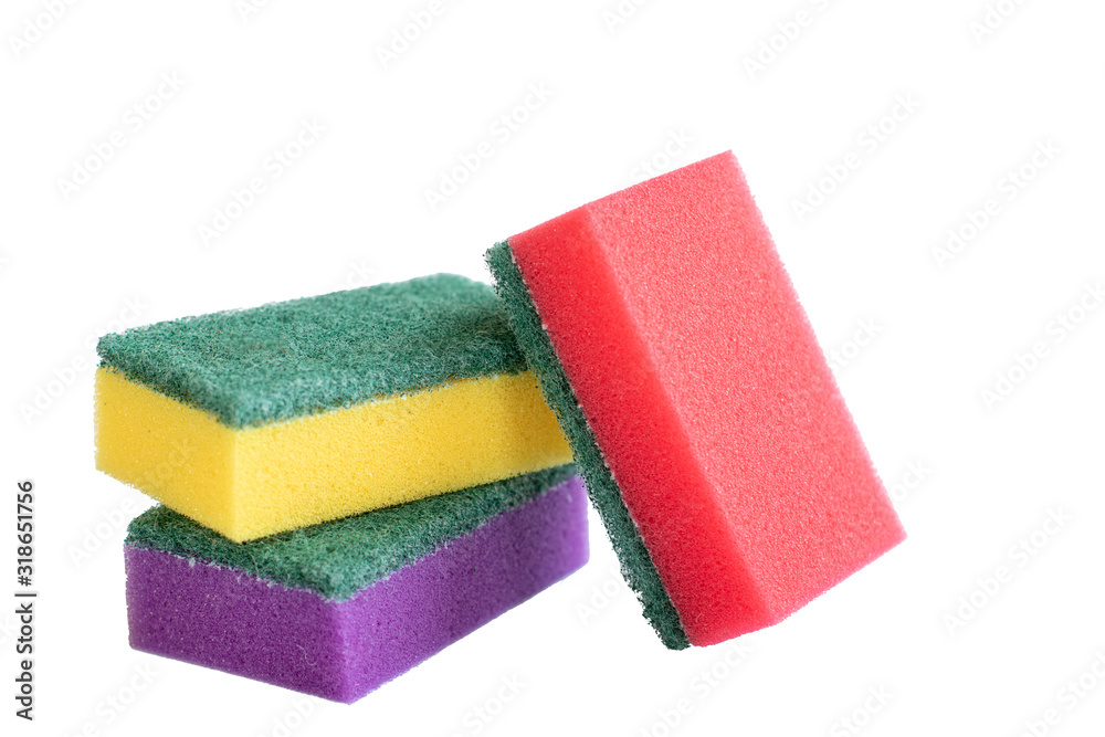 yellow, red and violet sponges isolated on white background yellow, red and violet sponges isolated on white background