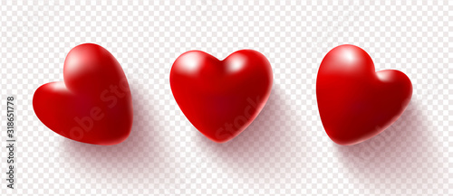 Set of red 3D hearts isolated on a transparent background.Vector illustration.Love concept