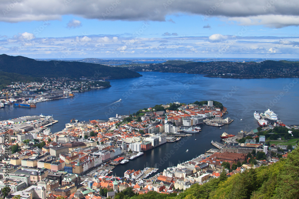 Panorama of Bergen in Norway with the port, fish market and shopping streets