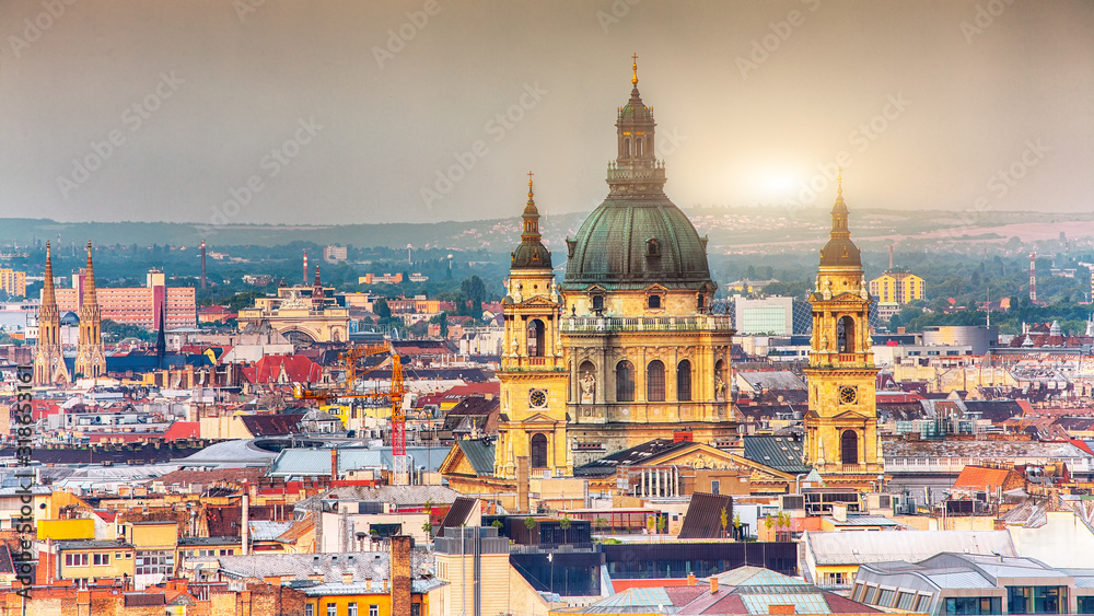 Panoramic view of Budapest with St. Stephen's Basilica at sunset