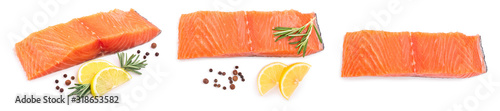 Photographie fillet of red fish salmon with lemon and rosemary isolated on white background
