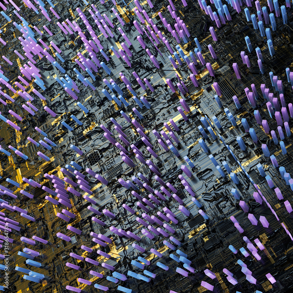 Obraz premium Circuit board futuristic server code processing. Multicolor technology background. 3d rendering