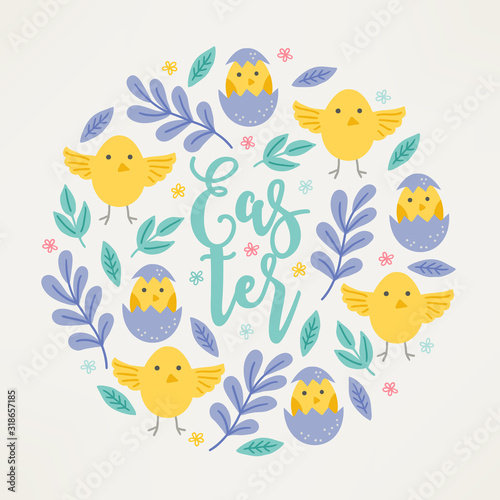 Easter greeting card with flowers  chicken  leaves and branches