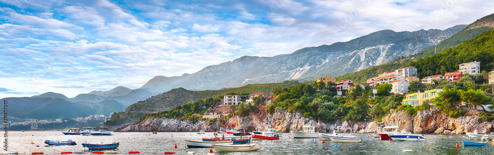 Picturesque summer view of Adriatic sea coast in Budva Riviera near Przno village