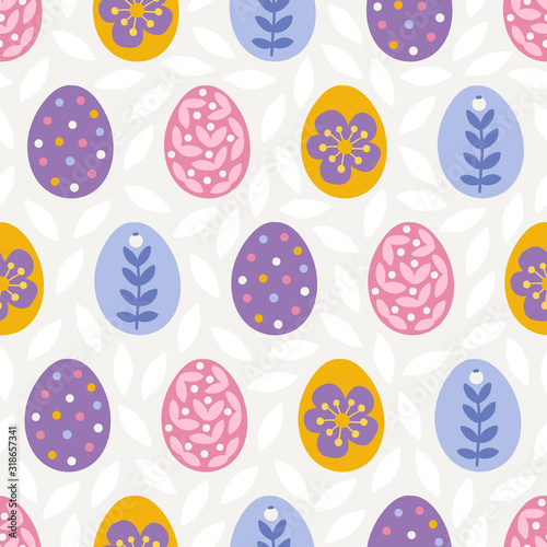 Easter seamless pattern with colorful eggs in Blue, Yellow, Pink