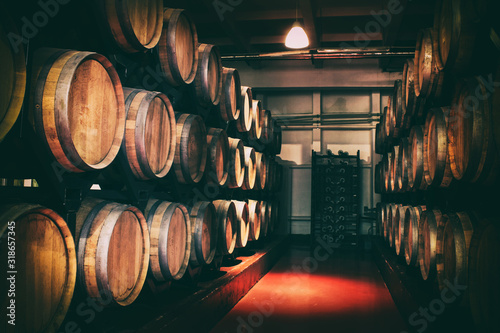 Oak barrels with wine in dark cellar. Modern production of wine with the observance of age-old traditions. Noises and large grain - stylization under the film. Soft focus.