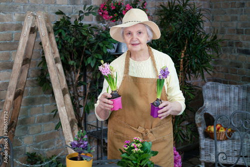 Active senior women potting spring flowers