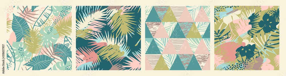 Seamless exotic patterns with tropical plants and artistic background. - obrazy, fototapety, plakaty 