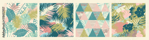 Naklejka Seamless exotic patterns with tropical plants and artistic background.