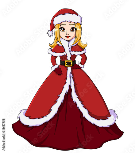 Cute girl in Santa Claus costume and winter hat. Girl with blond hair and brown eyes, in red dress. Cartoon hand drawn vector illustration. Can be used for children games, Christmas cards etc.