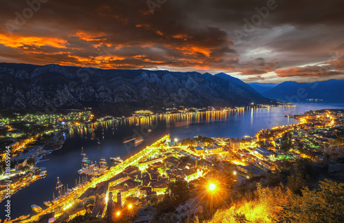 Aerial evening view of Kotor bay and Old Town from hill of Lovcen Mountain. photo