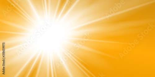 Rays yellow background. Gold sunny sky. Heat sunburs, hot weather. Sunshine orange sky. White warm sunlight. Bright golden solar sunrise, summer template. Lens optic effect. Vector illustration