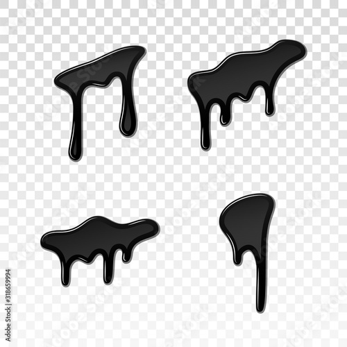 Drip paint 3D set. Ink stain. Drop melt liquid isolated on white transparent background. Splash of chocolate, oil, blood. Black graffiti. Splatter syrup, candy sauce, caramel. Vector illustration