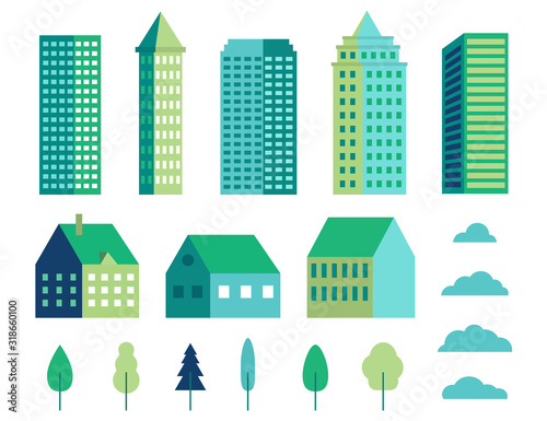 Minimal geometric buildings. Set of flat town, tree and cloud for landscape. Collection of urban houses for construction. Architecture countryside. Houses for cityscape skyline. vector illustration.