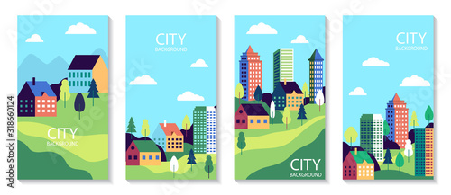 Town landscape set poster. Urban industry cards. Simple flat city with buildings, street. Set of banner with nature countryside. Cityscape backgrounds for social media. vector illustration