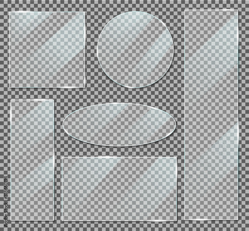 Acrylic glass banner with reflection in mockup style. Acrylic and glass texture panel with glare. Set gloss screen window frame with lights effect. Gloss plastic screen, mirror for interface. vector.