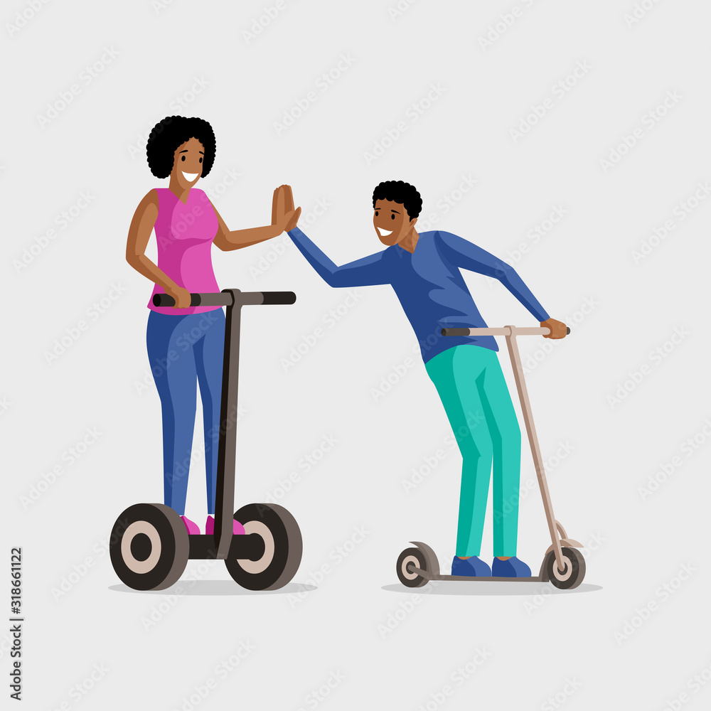 People riding scooters flat vector illustration. Entertainment, active leisure, rest together. Smiling man and woman on kick scooters cartoon characters isolated on white background People riding scooters flat vector illustration. Entertainment, active leisure, rest together. Smiling man and woman on kick scooters cartoon characters isolated on white background