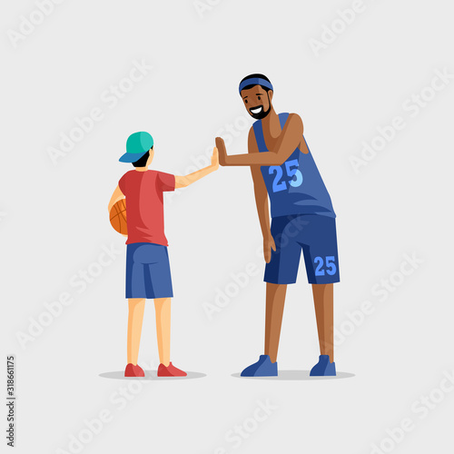 Basketball players flat vector illustration. Team game, sport competition, active rest and leisure. Basketball coach and young player with ball cartoon characters isolated on white background