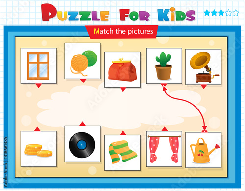 Matching game, education game for children. Puzzle for kids. Match the right object.