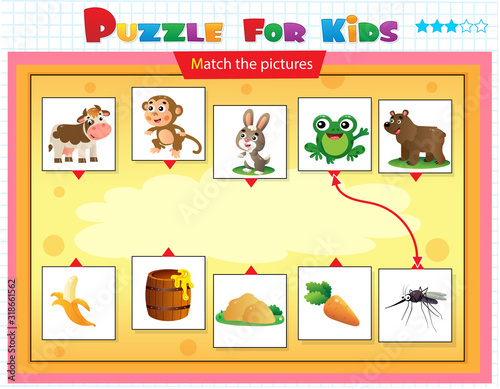 Matching game, education game for children. Puzzle for kids. Match the right object. Cartoon Animals and their Favorite Food.