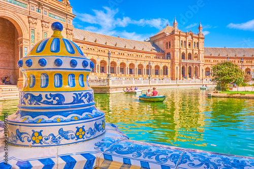 The Andalusian style ceramic decoration in Plaza de Espana in Seville, Spain