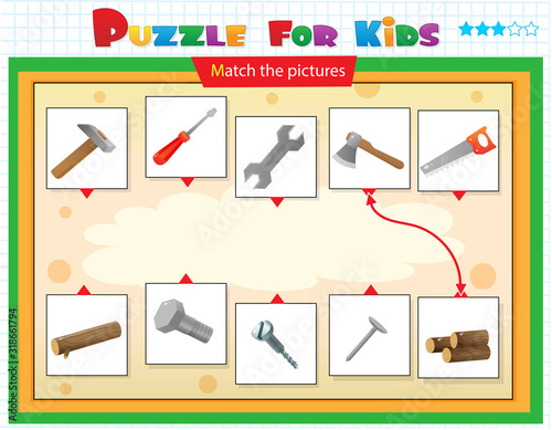 Matching game, education game for children. Puzzle for kids. Match the right object. Set of tools. Hammer, saw, axe, wrench, screwdriver.