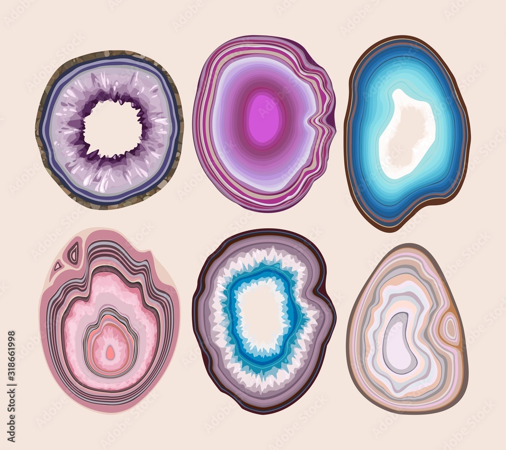 Vector set of blue and violet geode slices - obrazy, fototapety, plakaty 