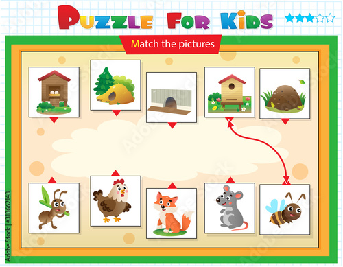 Matching game, education game for children. Puzzle for kids. Match the right object. Cartoon animals with their homes.