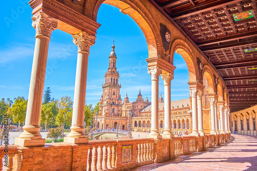 The arcaded gallery of the building on Plaza de Espana, Seville, Spain