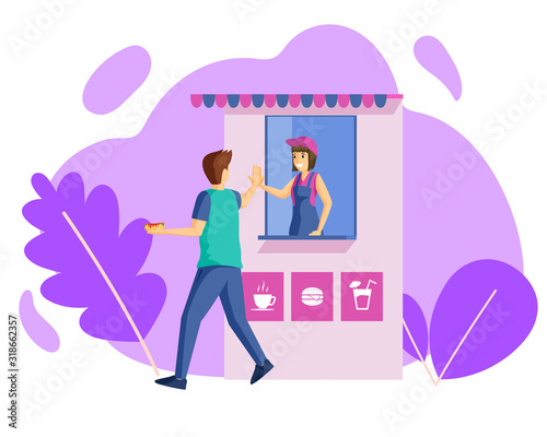 People and grocery kiosk flat vector illustration. Greeting and farewell gesture, thankfulness and service satisfaction. Street food buyer and shop assistant giving high five cartoon characters