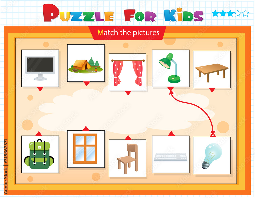 Matching game, education game for children. Puzzle for kids. Match the right object.