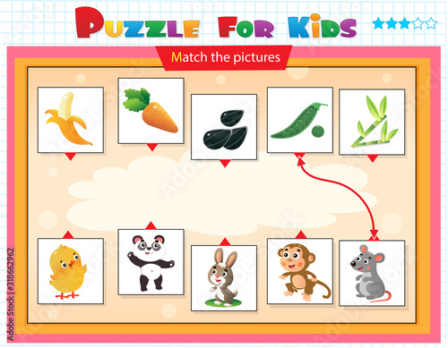 Matching game, education game for children. Puzzle for kids. Match the right object. Cartoon Animals and their Favorite Food.