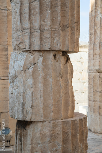 Column of entrance propylaea to ancient temple Parthenon in Acropolis Athens Greece.