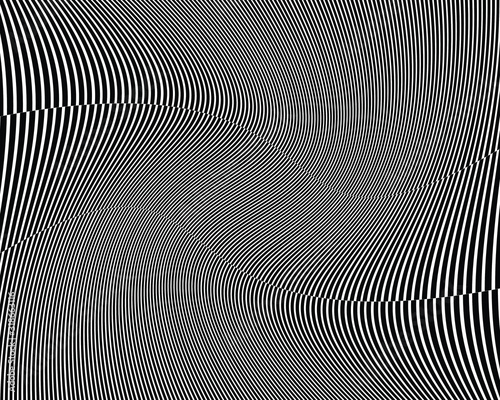 Abstract 3d background with optical illusion wave. Black and white horizontal lines with wavy distortion effect for prints, web pages, template, posters, monochrome backgrounds and pattern