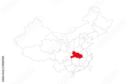 Hubei province highlighted on China map. White background. Perfect for backgrounds, backdrop, business concepts, label, sticker, chart, wallpaper etc.