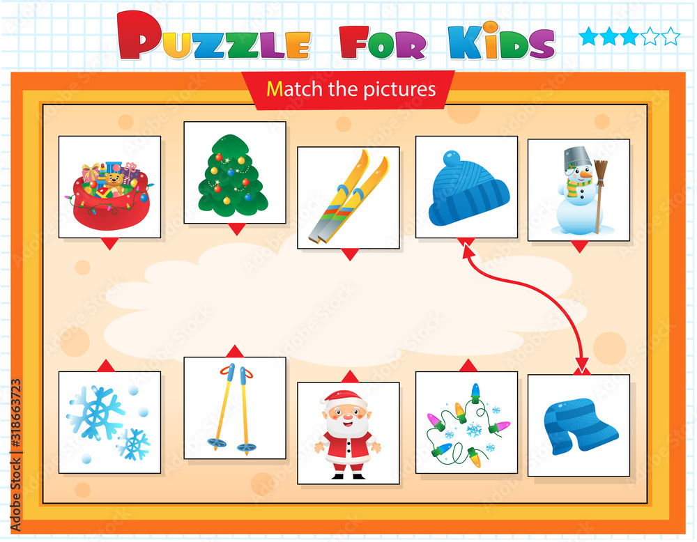 Matching game, education game for children. Puzzle for kids. Match the right object. Winter set.