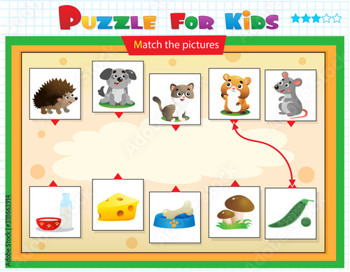 Matching game, education game for children. Puzzle for kids. Match the right object. Cartoon Animals and their Favorite Food.