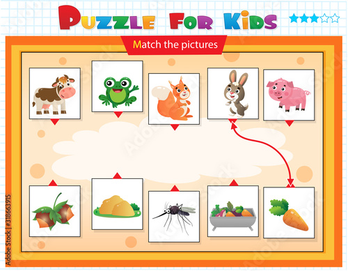 Matching game, education game for children. Puzzle for kids. Match the right object. Cartoon Animals and their Favorite Food.