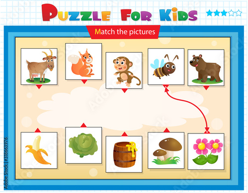 Matching game, education game for children. Puzzle for kids. Match the right object. Cartoon Animals and their Favorite Food.