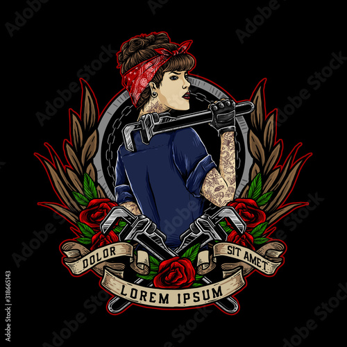 rockabilly girl or pin up girl hold th wrench and wearing red bandana vector illustration